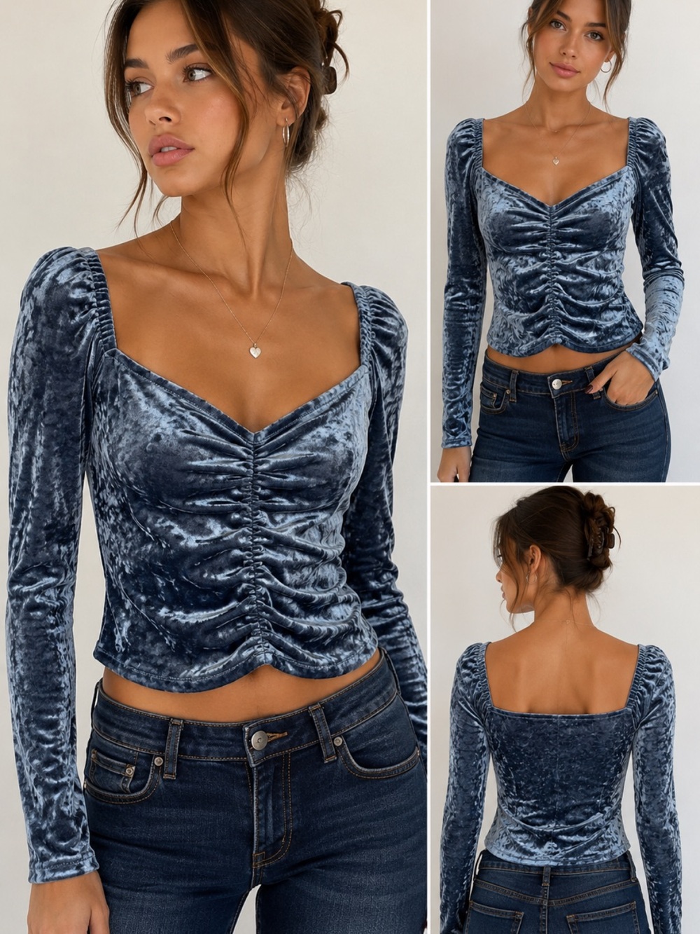Kingston Grey Blue Crushed Velvet Ruched Long Sleeve Top Small